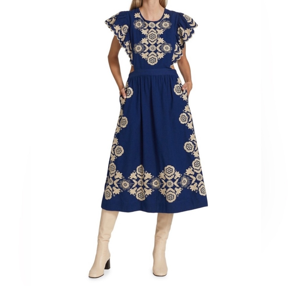 Navy Blue Embroidered Flutter Sleeve Midi Dress. Sea New York size 4
